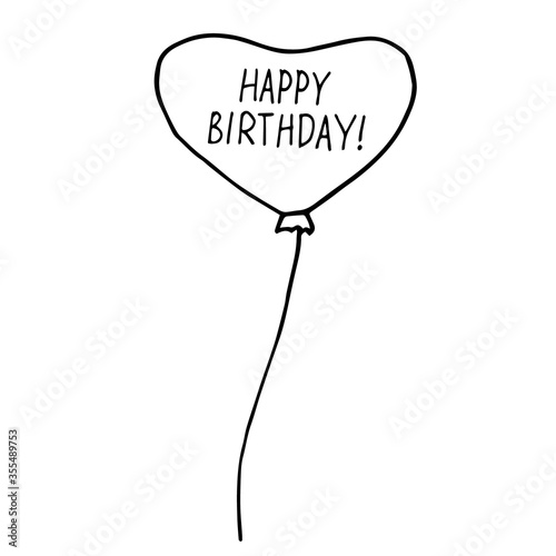 heart shape balloon and lettering happy birthday hand drawn in doodle style. vector scandinavian monochrome minimalism. single element for card, poster, sticker, invitation holiday celebration decor
