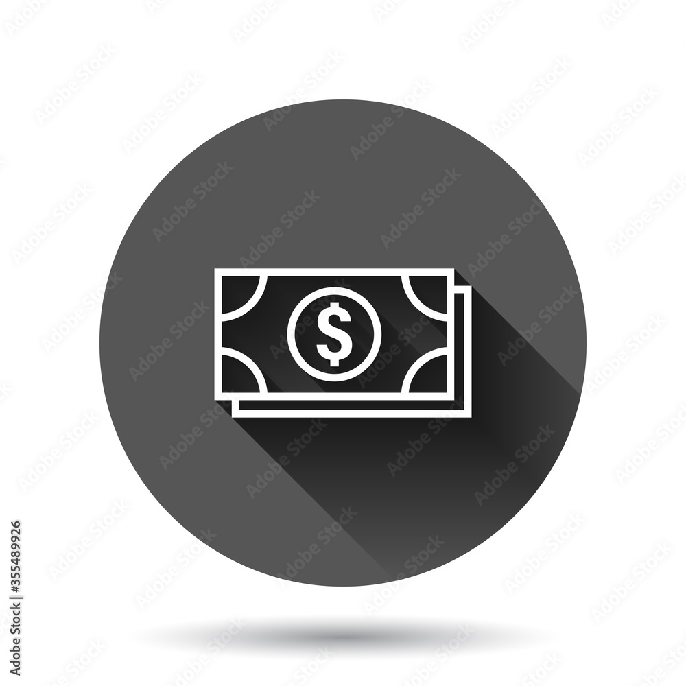 Dollar currency banknote icon in flat style. Dollar cash vector illustration on black round background with long shadow effect. Banknote bill circle button business concept. Dollar currency banknote icon in flat style. Dollar cash vector illustration on black round background with long shadow effect. Banknote bill circle button business concept.