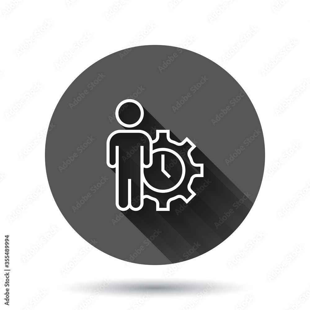 People and clock icon in flat style. Gear with user vector illustration on black round background with long shadow effect. Businessman circle button business concept. People and clock icon in flat style. Gear with user vector illustration on black round background with long shadow effect. Businessman circle button business concept.