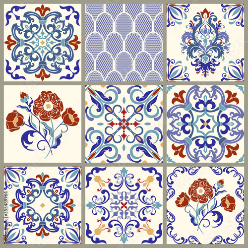 Collection of 9 ceramic tiles in turkish style. Seamless colorful patchwork. Endless pattern can be used for ceramic tile, wallpaper, linoleum, textile, web page background. Vector