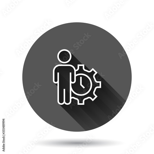 People and clock icon in flat style. Gear with user vector illustration on black round background with long shadow effect. Businessman circle button business concept.