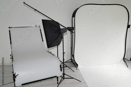 studio photo with white table setup interior equipment for product object picture in isolated background