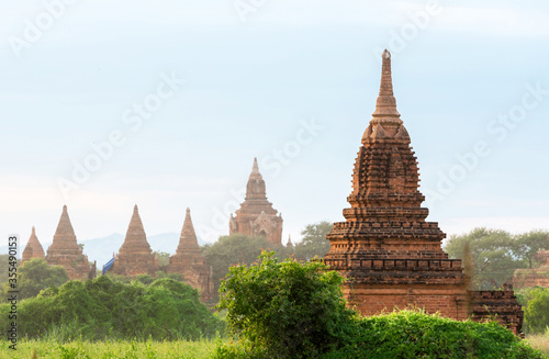 View of a Ancient Pagoda in Bagan, Myanmar. Beautiful Morning Time with Fog, Background Temple 