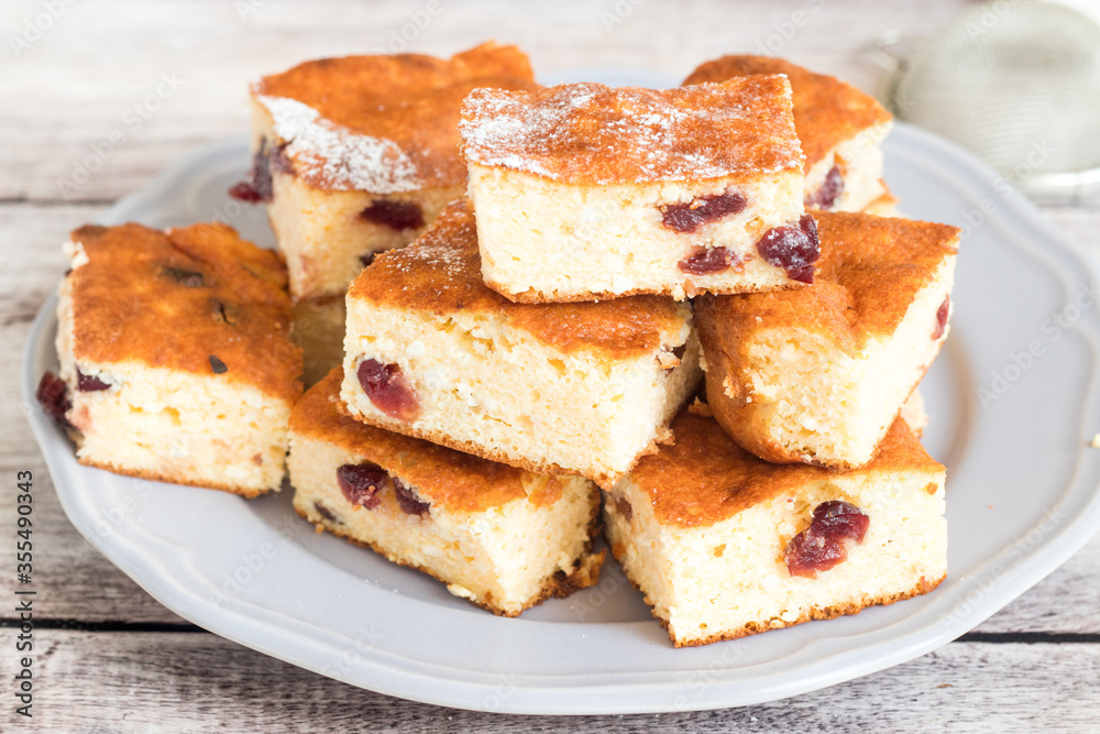 Healthy quark cake with raisins served on a plate
