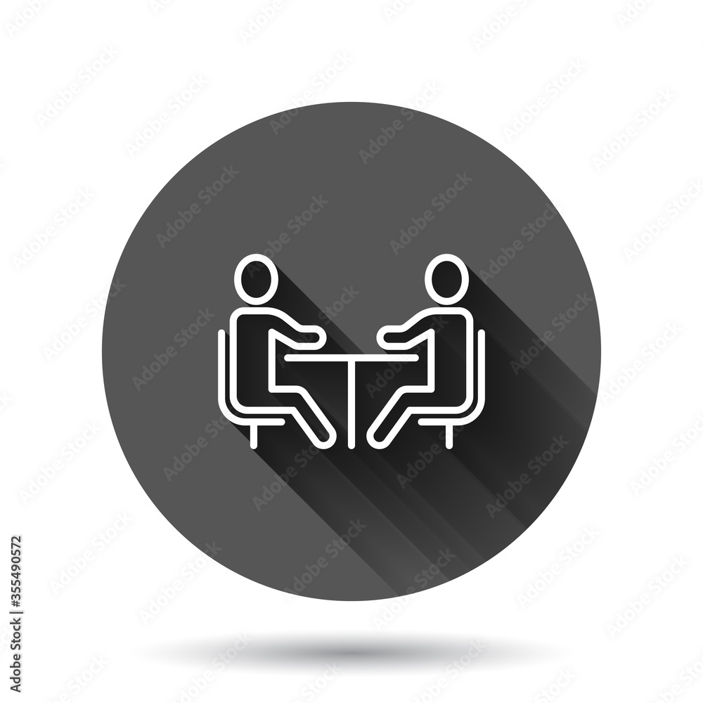 People with table icon in flat style. Teamwork conference vector illustration on black round background with long shadow effect. Speaker dialog circle button business concept. People with table icon in flat style. Teamwork conference vector illustration on black round background with long shadow effect. Speaker dialog circle button business concept.