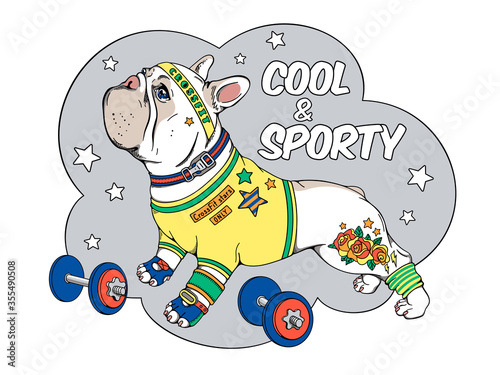 Cute cartoon french bulldog in sportswear. Cool and athletic dog with a tattoo. CrossFit Star