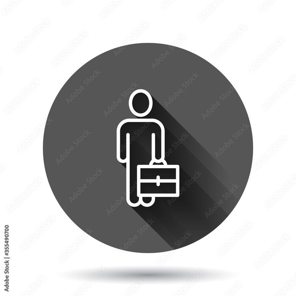 Businessman with briefcase icon in flat style. People manager vector illustration on black round background with long shadow effect. Employee circle button business concept. Businessman with briefcase icon in flat style. People manager vector illustration on black round background with long shadow effect. Employee circle button business concept.