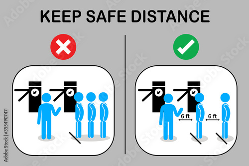 New normal and Social distancing.People stand in line to buy a ticket at counter.Passenger keep distance queue and waiting at automatic ticket gate.Protection and safety concept.Sign and symbol vector