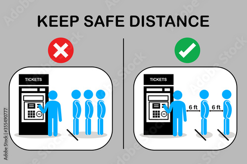 New normal and Social distancing.People stand in line to buy a ticket at counter.Passenger keep distance queue and waiting at automatic ticket gate.Protection and safety concept.Sign and symbol vector