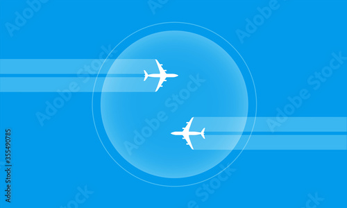 Bubble travel Airplane white smoke contrail tail in bubble blue background vector art