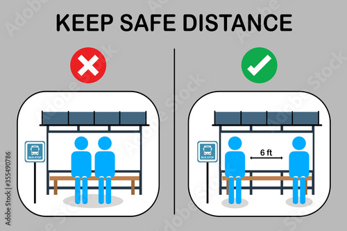 Social distancing with many people on queue line in bus station. Passenger waiting bus stop. City community transport vector concept illustration with diverse commuters standing together.Distance icon