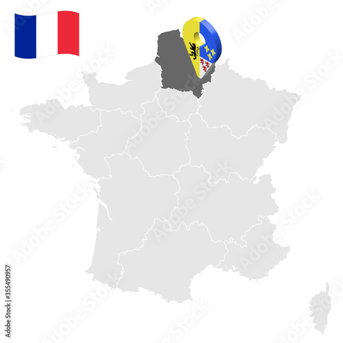 Location of Hauts de France on map France. 3d location sign similar to the flag of Hauts de France. Quality map  with regions of  French Republic for your design. EPS10.