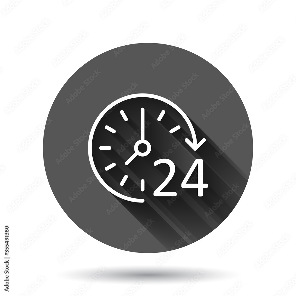 Clock icon in flat style. Watch vector illustration on black round background with long shadow effect. Timer circle button business concept. Clock icon in flat style. Watch vector illustration on black round background with long shadow effect. Timer circle button business concept.