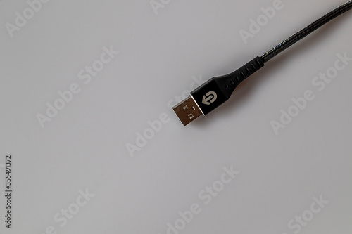 Smart phone charger cable on white background.