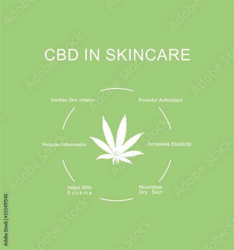 Infographics CBD properties in skin care treatment. Cannabis, marijuana in treating skin concerns. Vector illustration.
