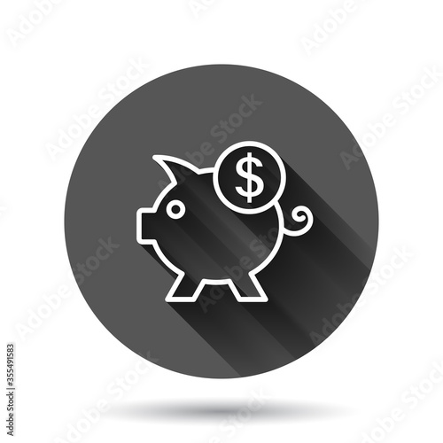 Money box icon in flat style. Pig container vector illustration on black round background with long shadow effect. Piggy bank circle button business concept.