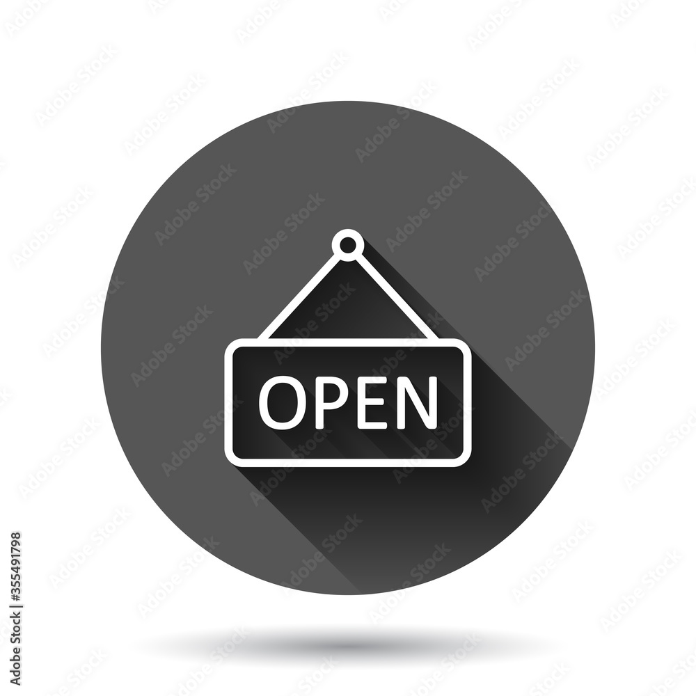 Open sign icon in flat style. Accessibility vector illustration on black round background with long shadow effect. Message circle button business concept. Open sign icon in flat style. Accessibility vector illustration on black round background with long shadow effect. Message circle button business concept.