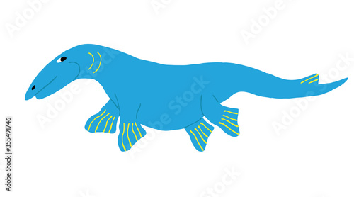 Cute blue Mosasaurus isolated on white background. Fun marine dinosaur. Sea jurassic reptile. Flat style drawing. Creative design for shirt, mug. Stock vector illustration drawn by hand.