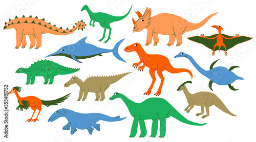 Big collection set of different types dinosaurs. Land  marine  flying dino. Cute Extinct jurassic reptiles lizards. Fun colorful design. Flat style drawing. Trendy stock vector illustration.