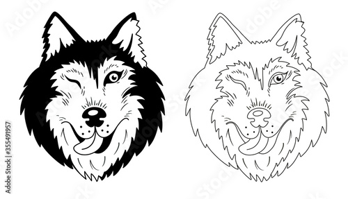 Husky or Wolf portrait in black and white. Colored page background. Editable stroke