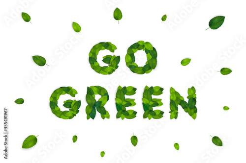 Ecology theme Go vegan flyer template with lettering. Bright fresh green leaves concept. Poster, card, label, banner design. Stylish realistic background. 3d Vector illustration EPS10