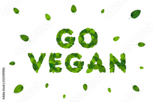 Ecology theme Go vegan flyer template with lettering. Bright fresh green leaves concept. Poster, card, label, banner design. Stylish realistic background. 3d Vector illustration EPS10