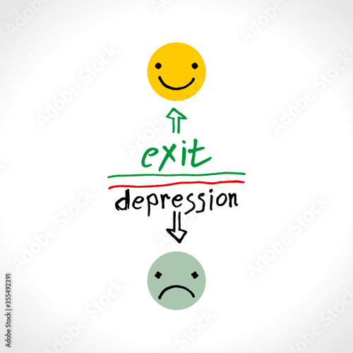 Depression and exit from it. Mental child health vector logo in hand drawn cartoon style. Two faces with hand written psychological states.