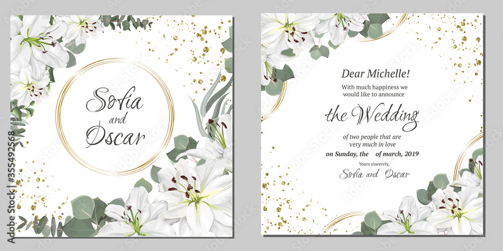 Floral card for wedding invitations. White lilies, eucalyptus, round golden frame.
