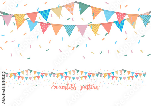 Colorful flags and confetti wallpaper seamless pattern
