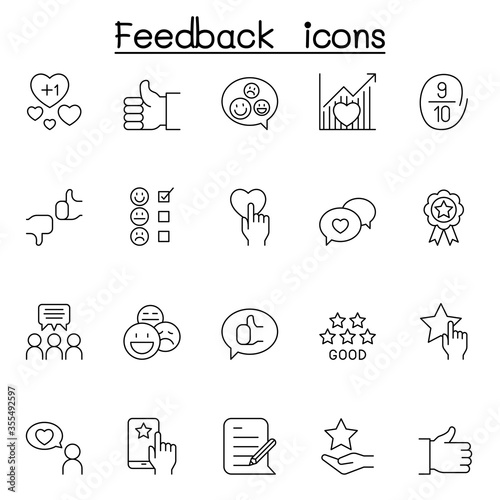 Set of Customer Feedback line icons. contains such icons as review, comment, Loyalty, customer relationship management, satisfaction and more