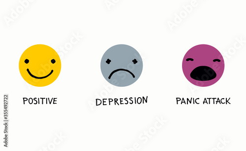 Mental health vector logos in flat style. Positive icon. Depression Icon. Panic attack icon. Cartoon faces with hand written psychological states.