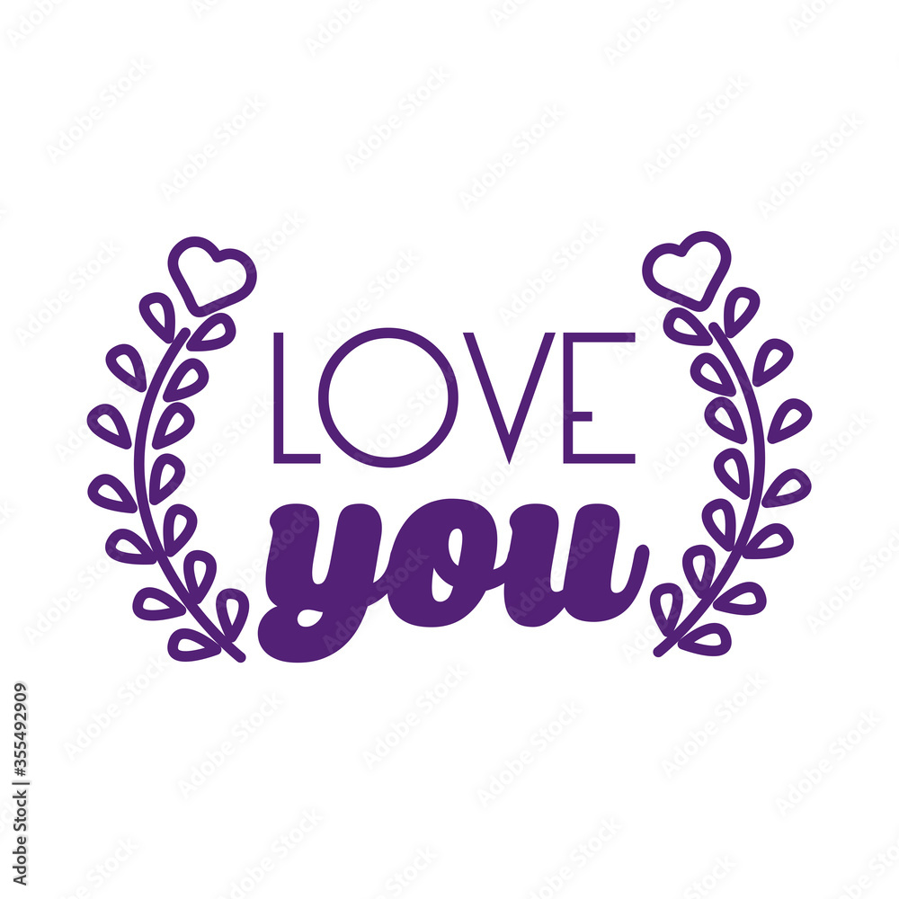 Love you text and leaves wreath line style icon vector design