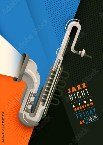 Retro style jazz poster design with saxophone and simple graphic elements in colors. Vector illustration.