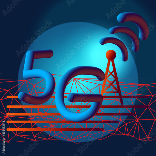 5G high speed network wireless internet icon. Mobile communication technology. Glowing 5G sign with tower, signal and polygonal mesh. Fast wifi connection concept. 3D effect vector illustration.