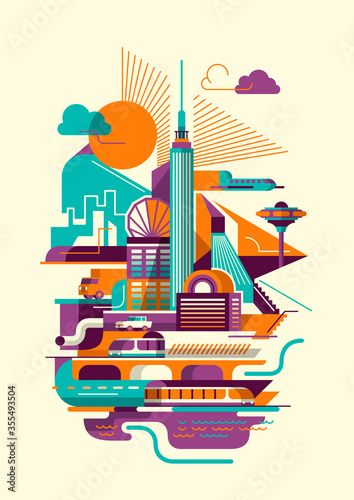 Modern style illustration of urban city scene with buildings and transportation. Vector illustration.
