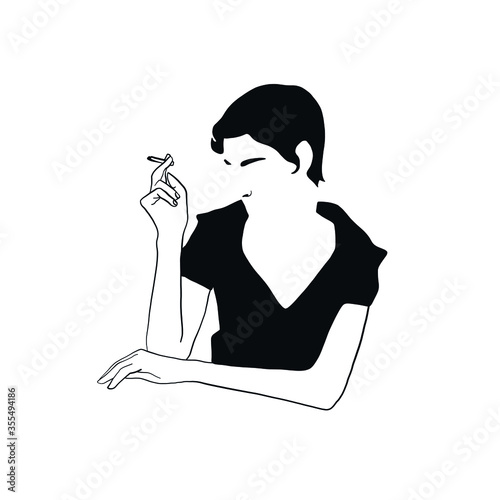 Smoking elegant fashionable woman. Unhealthy lifestyle. Isolated female silhouette. Minimal linear logo vector. 