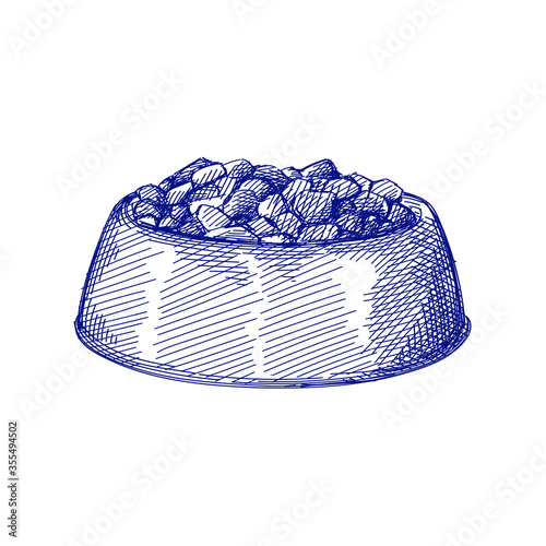 Hand-drawn sketch of Pet Food Bowl on a white background. Bowl with food for dogs or cats. Pet supplies. Care for home animals.	
