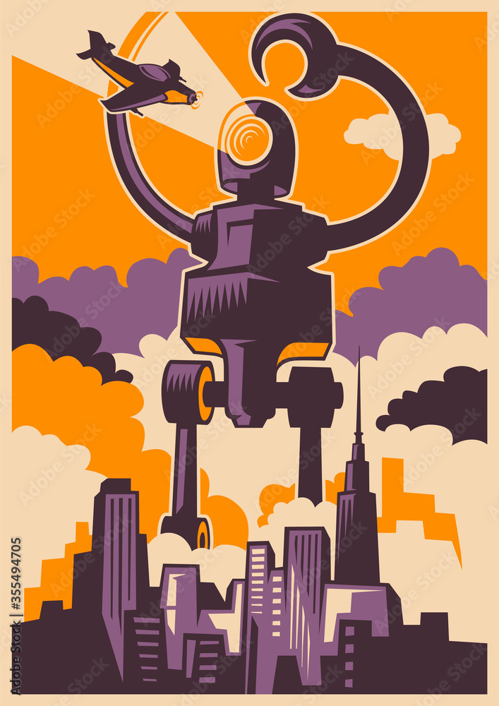 Retro style illustration of a giant robot attacking the city. Vector illustration.