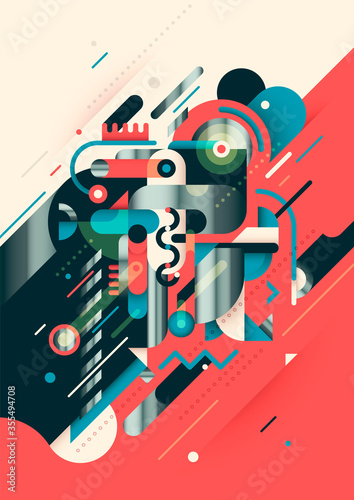 Retro style futuristic abstraction, made of various geometric shapes and objects. Modish composition. Vector illustration.