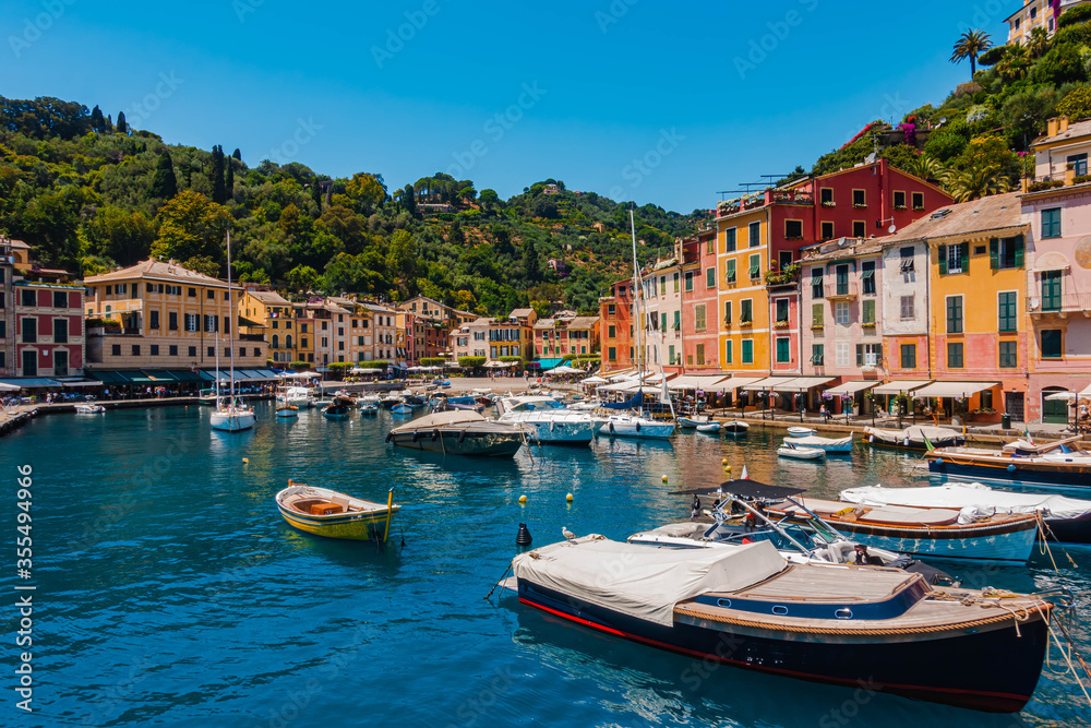View from the sea of Italian city Portofino in Italy