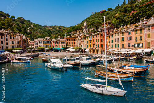 View from the sea of Italian city Portofino in Italy