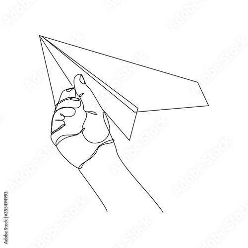 Continuous line drawing of hand hold and throw paper airplane. vector illustration business concept