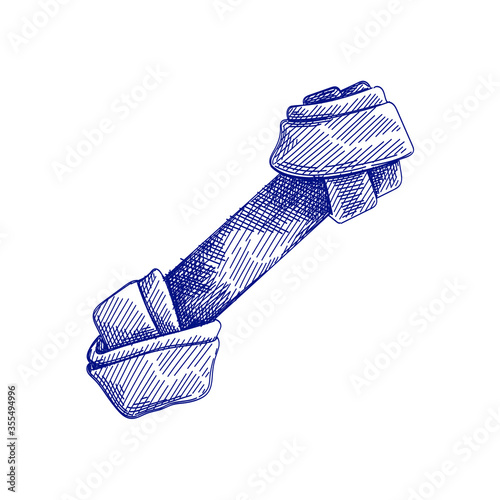 Hand-drawn sketch of knotted dog bone on a white background. Dog bone for chewing. Pet supplies. Care for home animals.	

