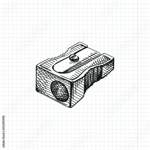 Hand-drawn sketch of a pencil sharpener on a white background. Stationery Supplies for School and Office	
