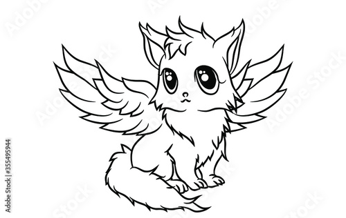 
cute winged fox, sitting relaxed looking at something, a coloring book, for children