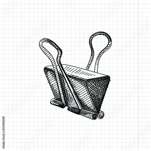 Hand-drawn sketch of a metal black Binder Clip on a white background. Stationery Supplies for School and Office. Metal black Binder Clips for paper	
