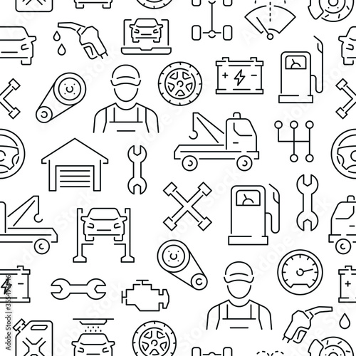 Seamless pattern with car service. Black and white thin line icons