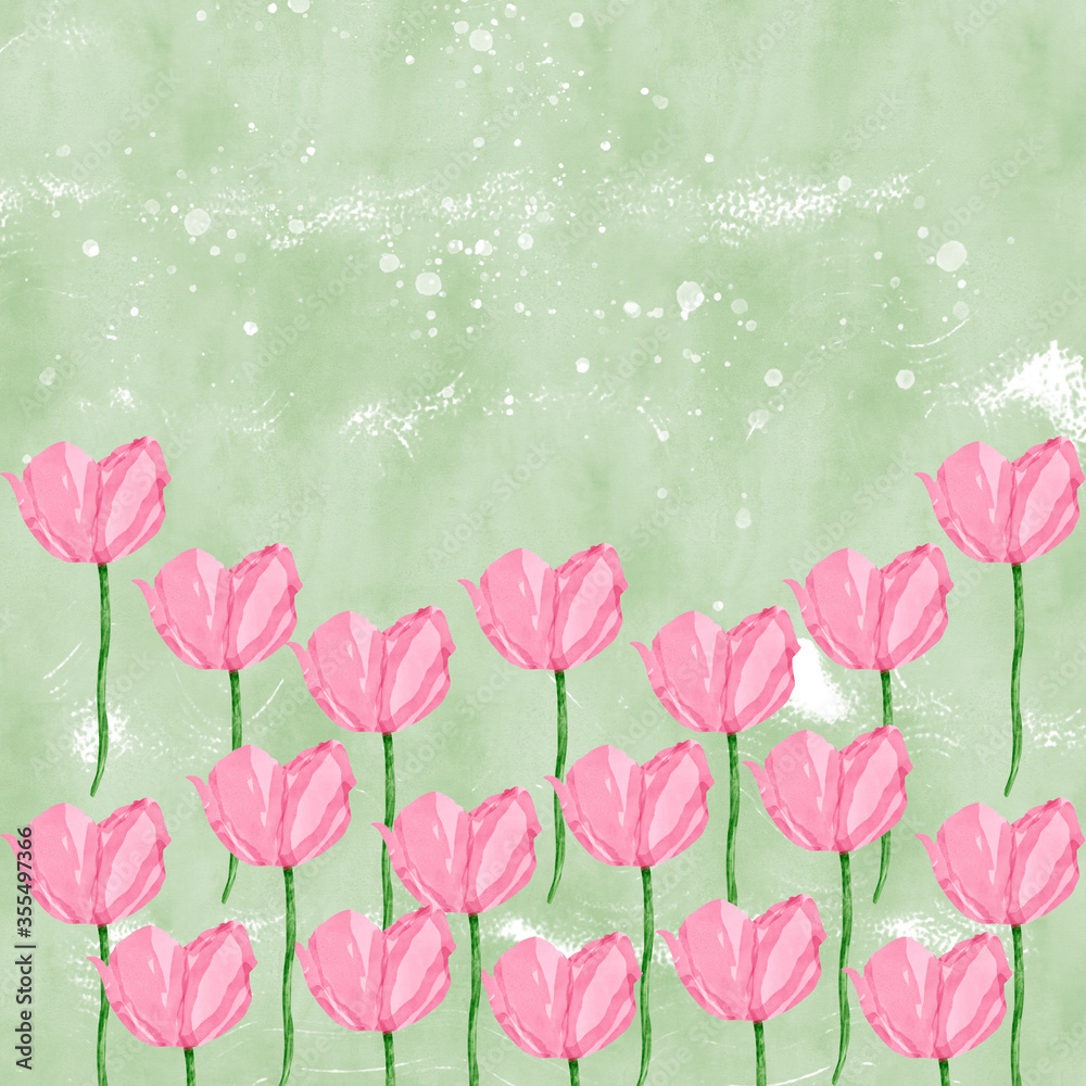 Many pale pink tulips on meadow on pale green background with copy space 