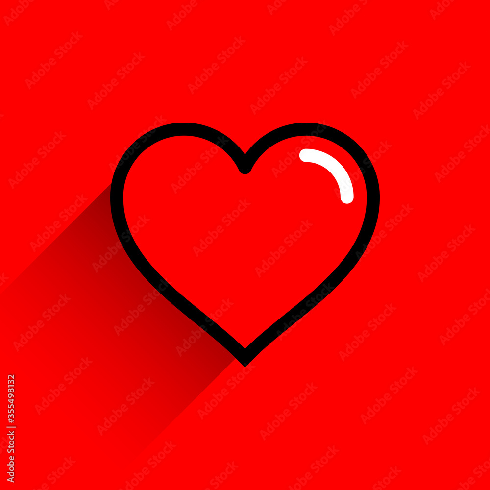 Red heart shape with black line stroke. Medical icon, love sign and symbol of Feast of Saint Valentine Day. Flat form with long shadow on red blood background. Vector illustration is a graphic element