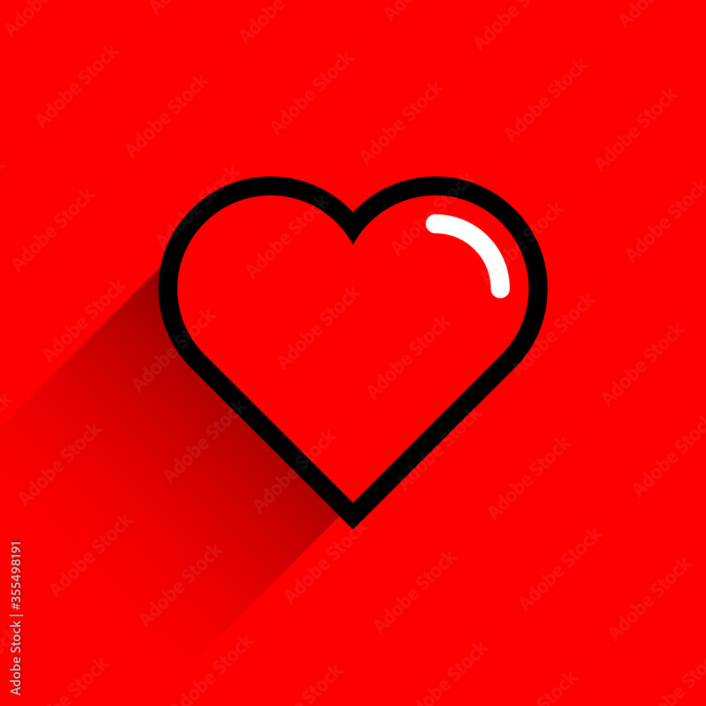 Red heart shape with black line stroke. Medical icon, love sign and symbol of Feast of Saint Valentine Day. Flat form with long shadow on red blood background. Vector illustration is a graphic element Red heart shape with black line stroke. Medical icon, love sign and symbol of Feast of Saint Valentine Day. Flat form with long shadow on red blood background. Vector illustration is a graphic element